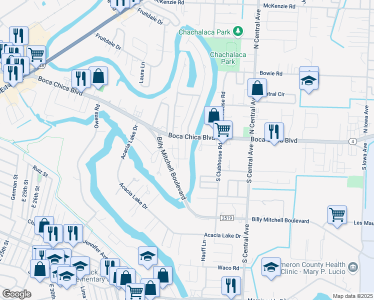 map of restaurants, bars, coffee shops, grocery stores, and more near 4200 Boca Chica Boulevard in Brownsville
