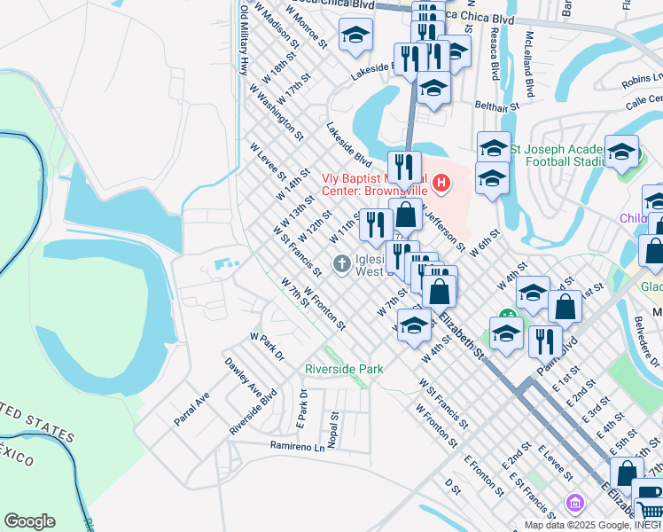 map of restaurants, bars, coffee shops, grocery stores, and more near 1111 W St Charles St in Brownsville