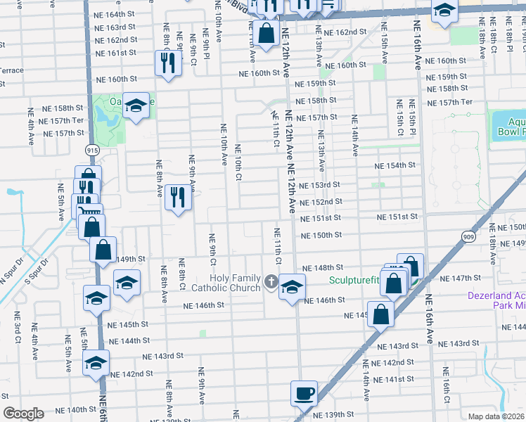 map of restaurants, bars, coffee shops, grocery stores, and more near 1100 Northeast 151st Terrace in North Miami Beach