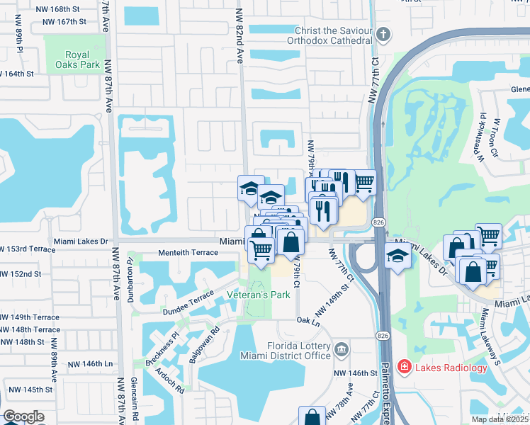 map of restaurants, bars, coffee shops, grocery stores, and more near 15633 Northwest 81st Court in Miami Lakes