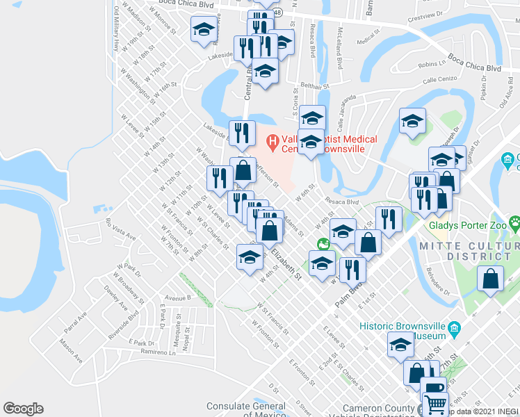map of restaurants, bars, coffee shops, grocery stores, and more near 615 Villa Maria Boulevard in Brownsville