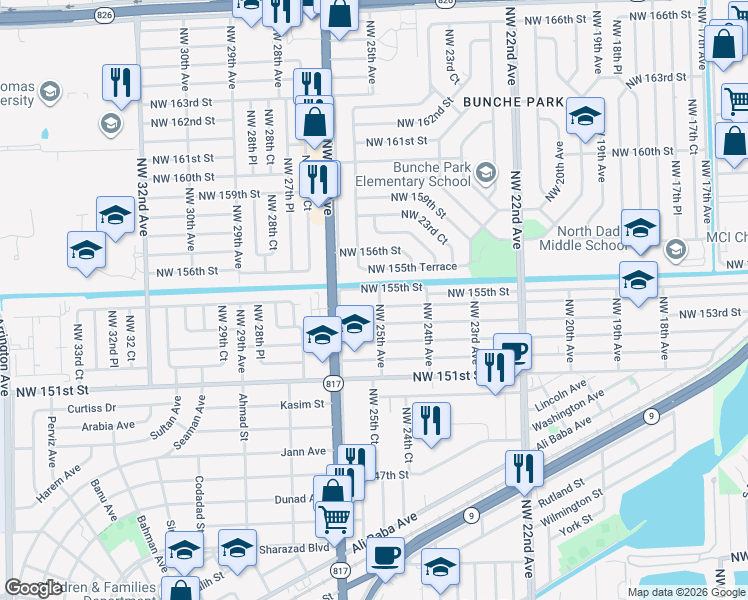 map of restaurants, bars, coffee shops, grocery stores, and more near 2500 Northwest 155th Street in Opa-locka