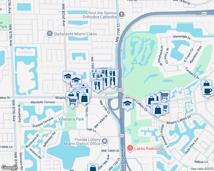 map of restaurants, bars, coffee shops, grocery stores, and more near 15490 Northwest 77th Court in Miami Lakes