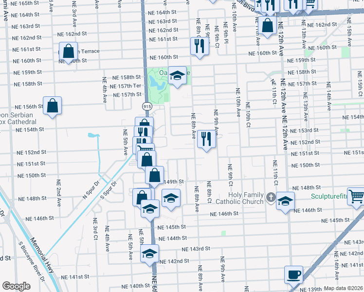 map of restaurants, bars, coffee shops, grocery stores, and more near 15250 Northeast 8th Avenue in Miami