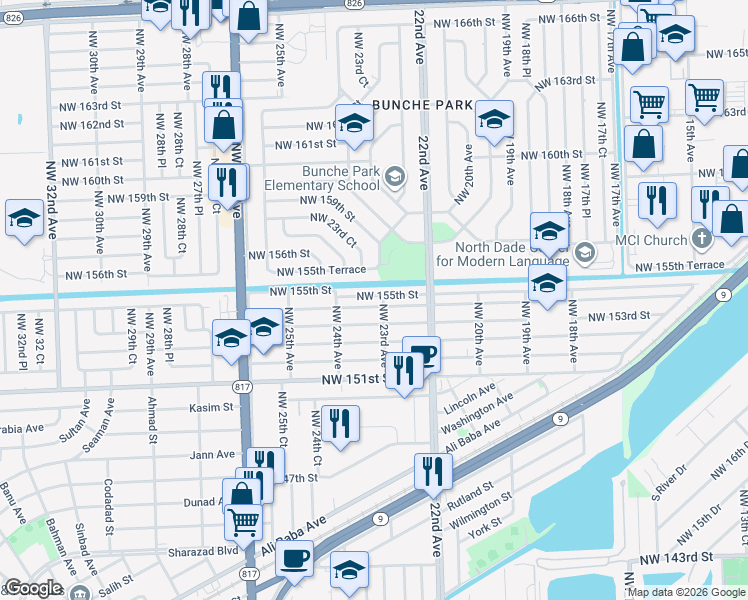 map of restaurants, bars, coffee shops, grocery stores, and more near 2285 Northwest 155th Street in Opa-locka
