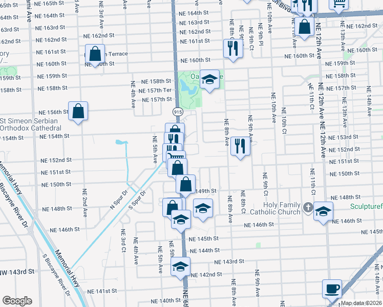 map of restaurants, bars, coffee shops, grocery stores, and more near 15225 Northeast 6th Avenue in Miami
