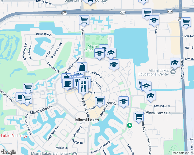 map of restaurants, bars, coffee shops, grocery stores, and more near 6500 Cow Pen Road in Miami Lakes
