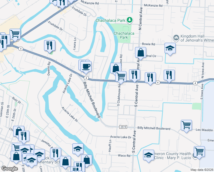map of restaurants, bars, coffee shops, grocery stores, and more near 4322 Boca Chica Boulevard in Brownsville