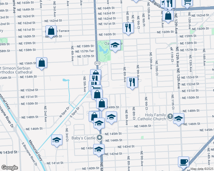 map of restaurants, bars, coffee shops, grocery stores, and more near 15225 Northeast 6th Avenue in Miami