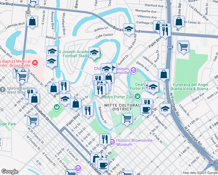 map of restaurants, bars, coffee shops, grocery stores, and more near 1413 Palm Boulevard in Brownsville
