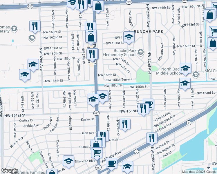 map of restaurants, bars, coffee shops, grocery stores, and more near 2500 Northwest 155th Street in Opa-locka