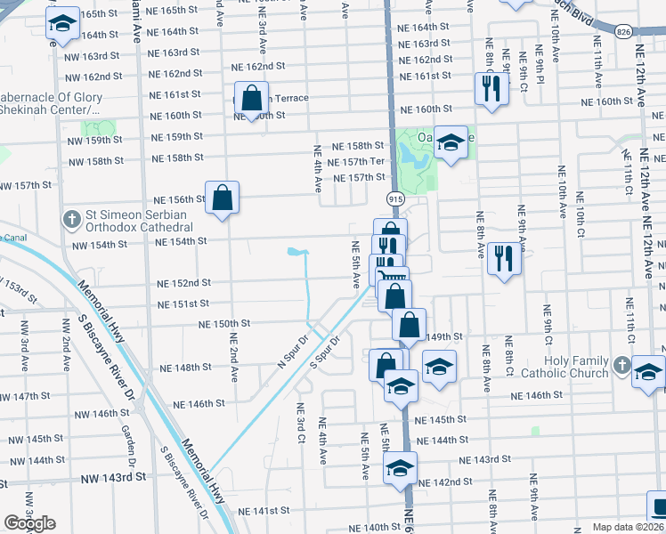 map of restaurants, bars, coffee shops, grocery stores, and more near 420 Northeast 154th Street in Miami
