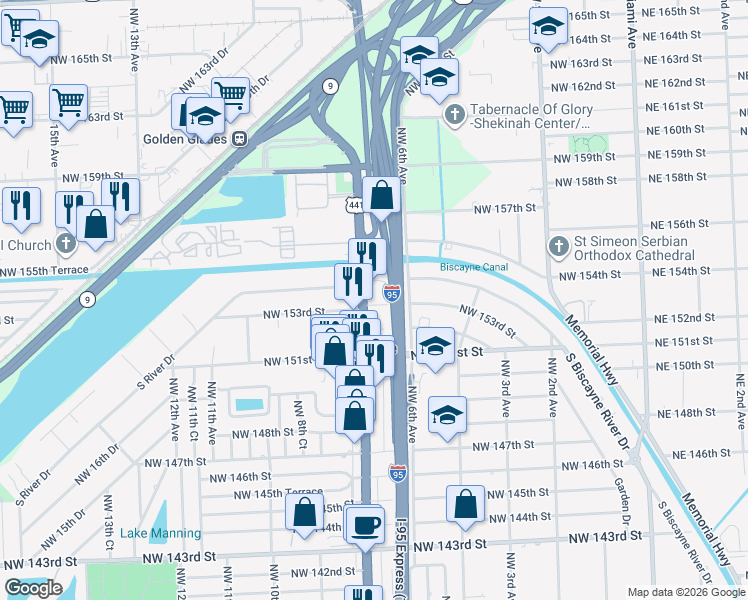 map of restaurants, bars, coffee shops, grocery stores, and more near in Golden Glades