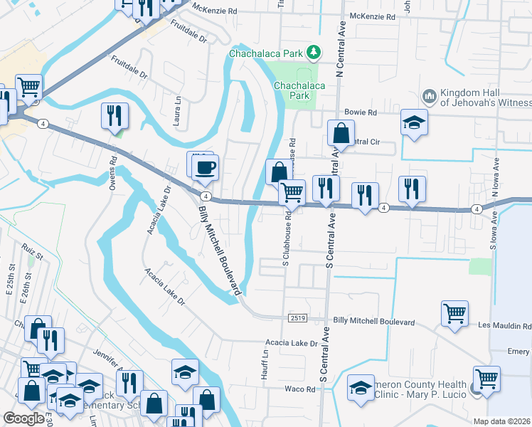 map of restaurants, bars, coffee shops, grocery stores, and more near 4322 Boca Chica Boulevard in Brownsville