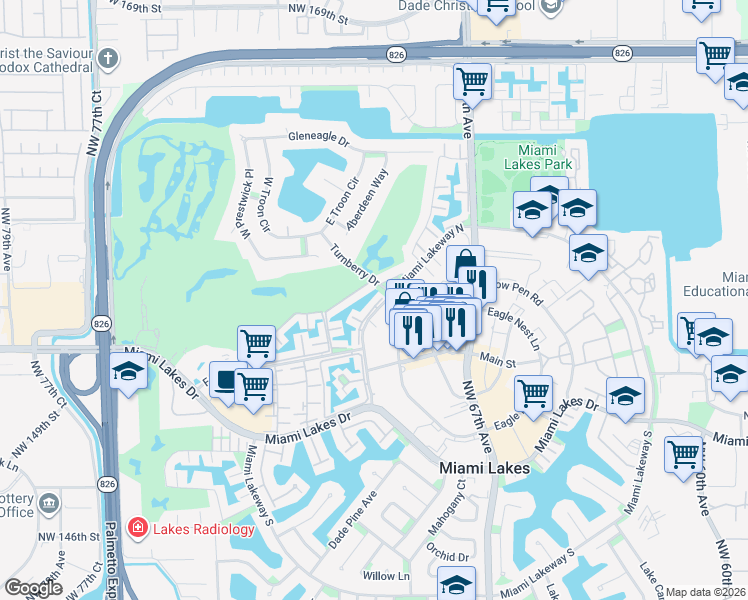 map of restaurants, bars, coffee shops, grocery stores, and more near 15540 Sharpecroft Drive in Hialeah
