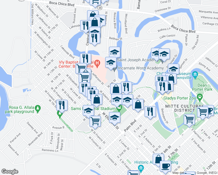 map of restaurants, bars, coffee shops, grocery stores, and more near 548 West Jefferson Street in Brownsville