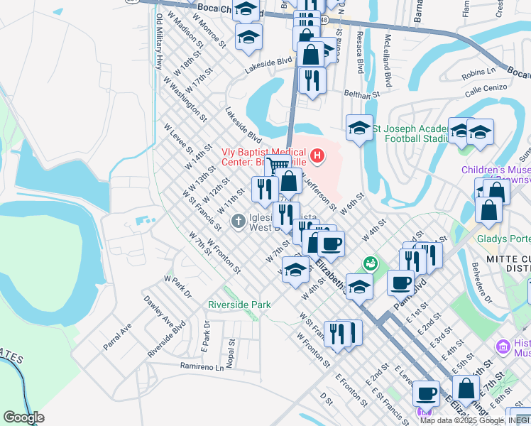 map of restaurants, bars, coffee shops, grocery stores, and more near 905 West Elizabeth Street in Brownsville
