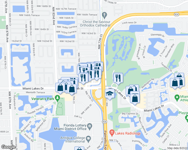 map of restaurants, bars, coffee shops, grocery stores, and more near 15490 Northwest 77th Court in Miami Lakes