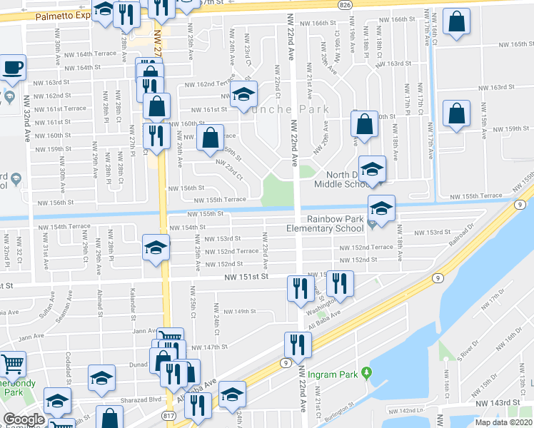 map of restaurants, bars, coffee shops, grocery stores, and more near 2285 Northwest 155th Street in Opa-locka