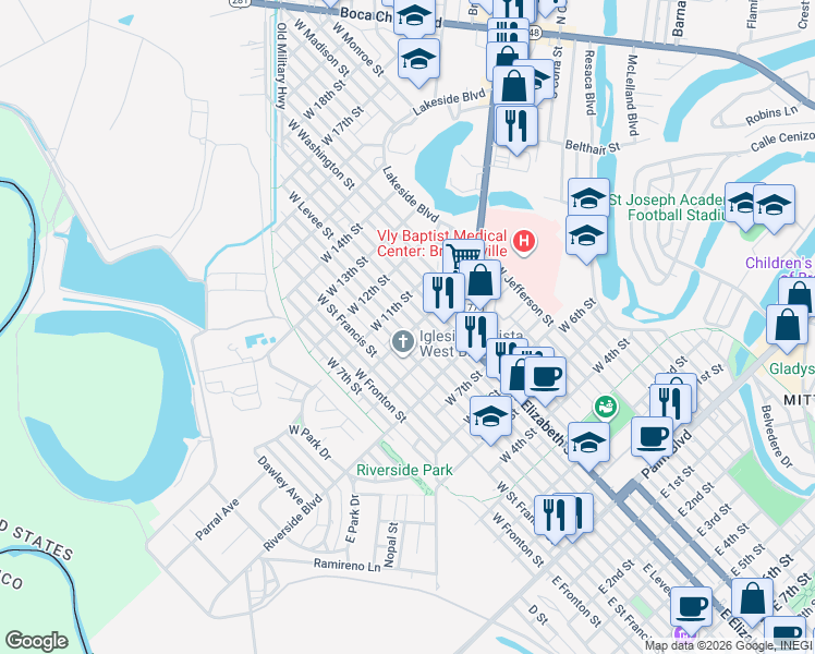 map of restaurants, bars, coffee shops, grocery stores, and more near 1001 West Levee Street in Brownsville