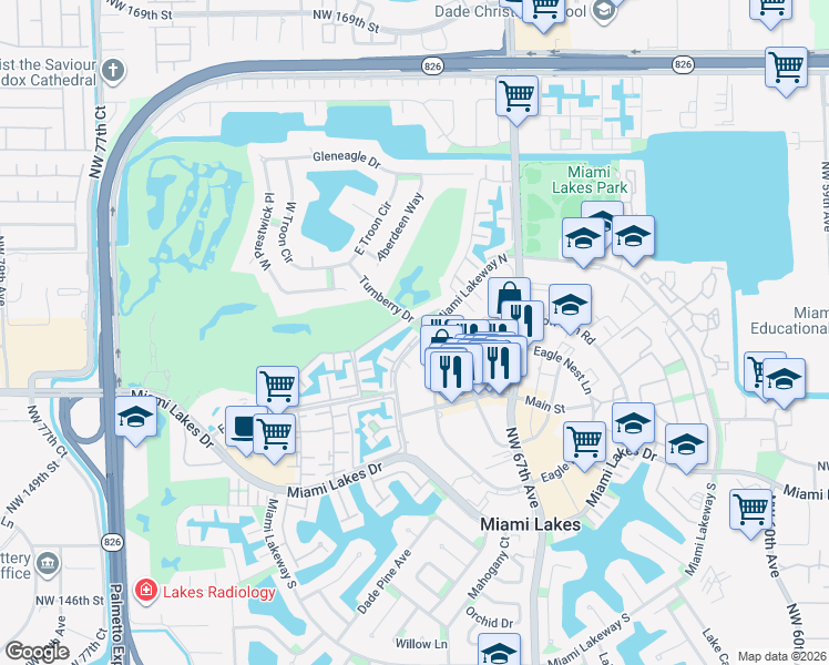 map of restaurants, bars, coffee shops, grocery stores, and more near 15540 Sharpecroft Drive in Hialeah