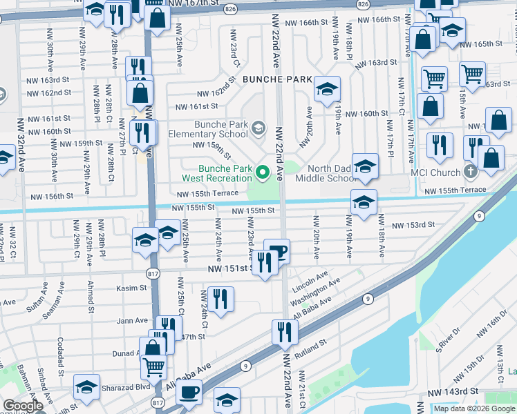 map of restaurants, bars, coffee shops, grocery stores, and more near 2285 Northwest 155th Street in Opa-locka