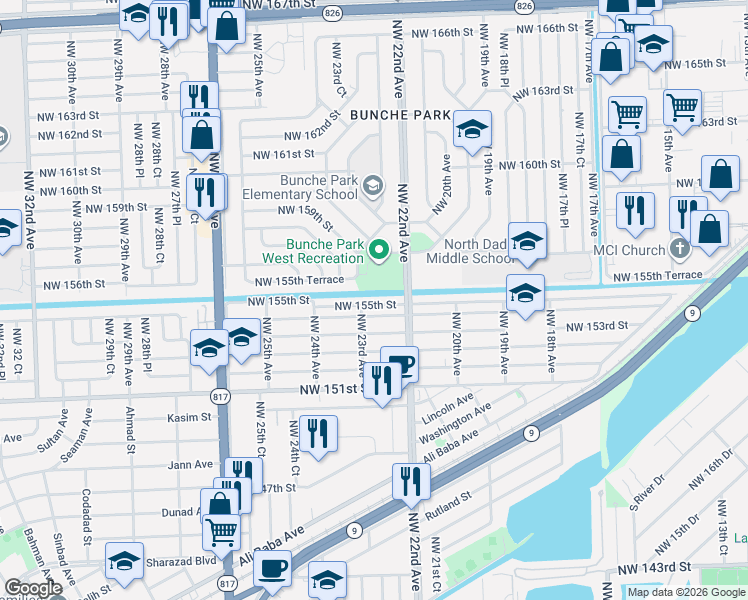 map of restaurants, bars, coffee shops, grocery stores, and more near 2285 Northwest 155th Street in Opa-locka