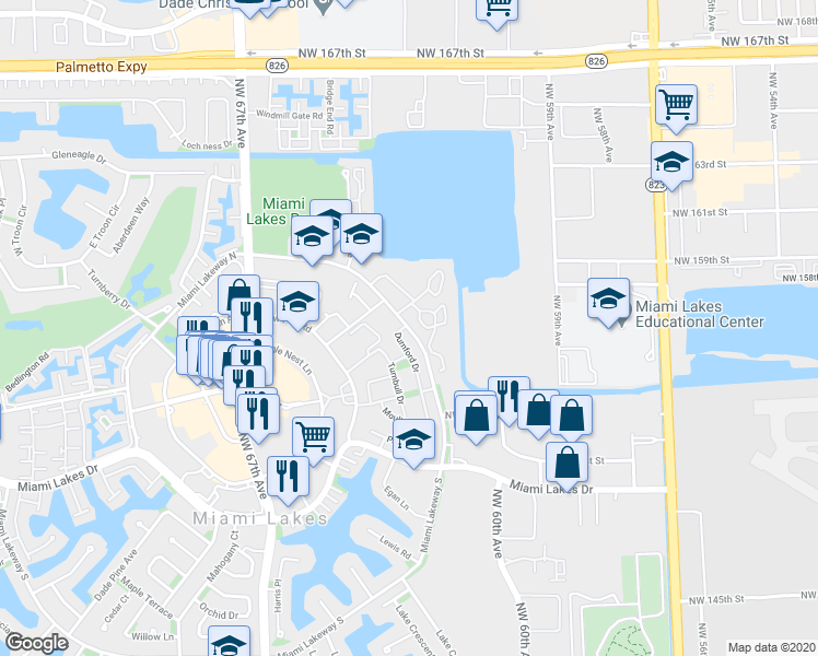 map of restaurants, bars, coffee shops, grocery stores, and more near 15509 Miami Lakeway North in Hialeah