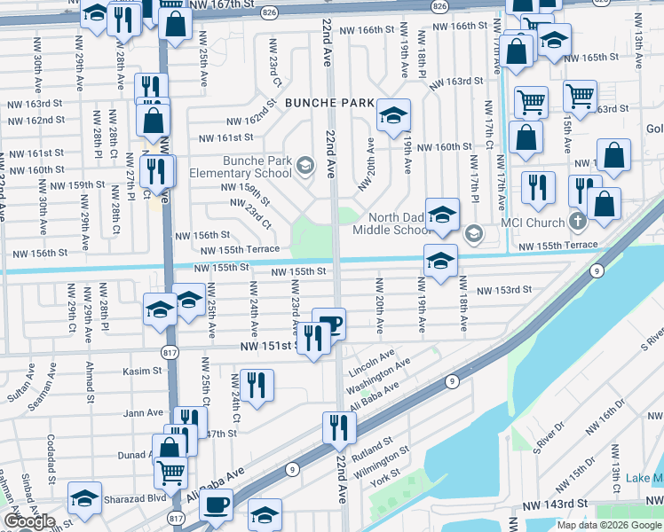 map of restaurants, bars, coffee shops, grocery stores, and more near 2201 Northwest 155th Street in Opa-locka
