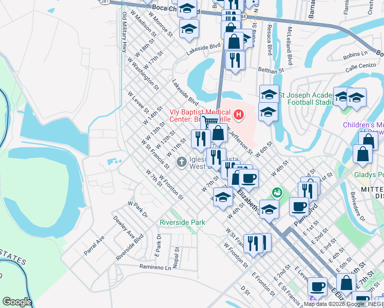 map of restaurants, bars, coffee shops, grocery stores, and more near 1001 West Levee Street in Brownsville