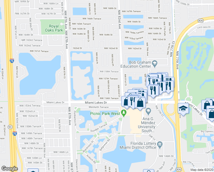 map of restaurants, bars, coffee shops, grocery stores, and more near 8310 Northwest 156th Terrace in Hialeah