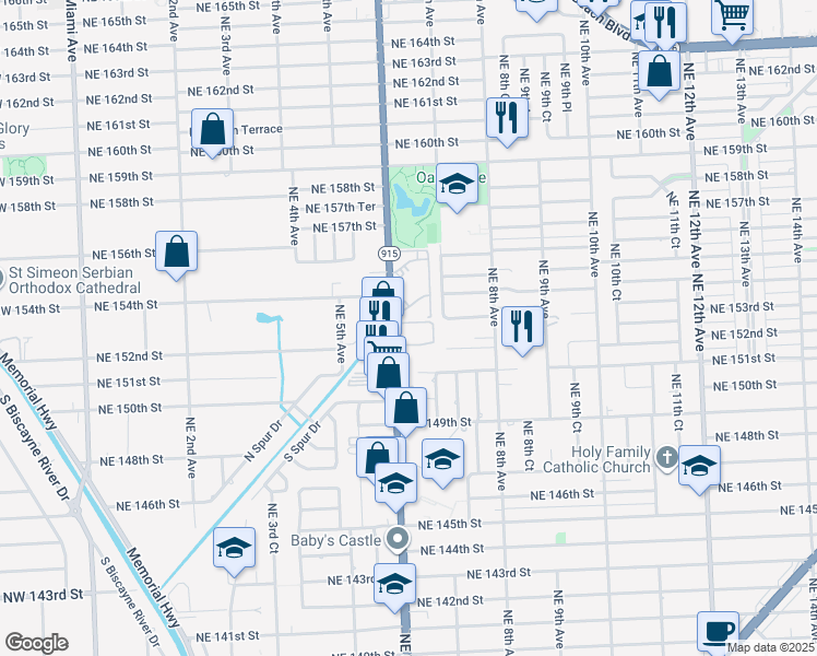 map of restaurants, bars, coffee shops, grocery stores, and more near 15225 Northeast 6th Avenue in Miami