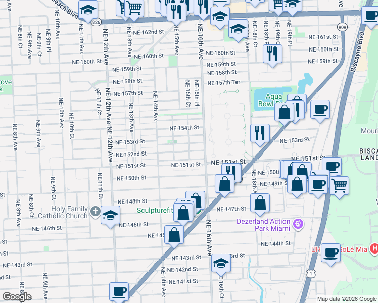 map of restaurants, bars, coffee shops, grocery stores, and more near 1532 Northeast 152nd Street in North Miami Beach