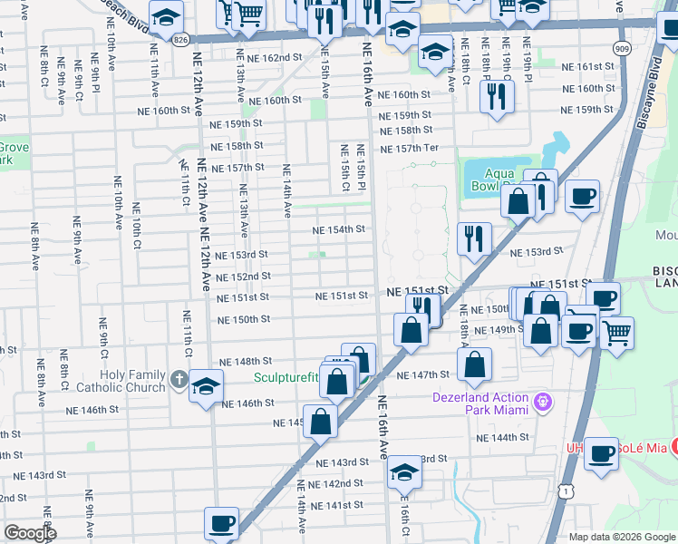 map of restaurants, bars, coffee shops, grocery stores, and more near 1532 Northeast 152nd Street in North Miami Beach