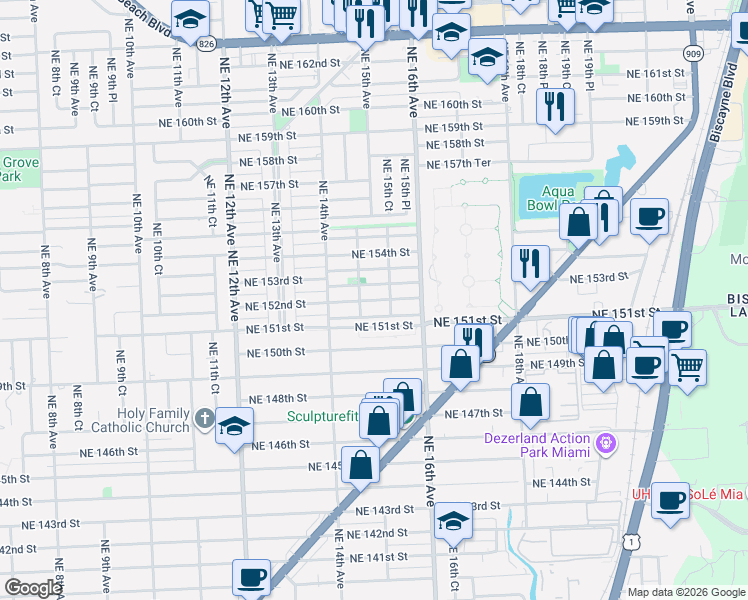 map of restaurants, bars, coffee shops, grocery stores, and more near 1532 Northeast 152nd Street in North Miami Beach