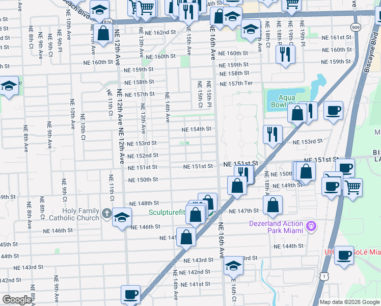 map of restaurants, bars, coffee shops, grocery stores, and more near 1481 Northeast 152nd Street in North Miami Beach