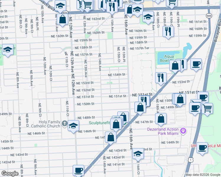map of restaurants, bars, coffee shops, grocery stores, and more near 1481 Northeast 152nd Street in North Miami Beach