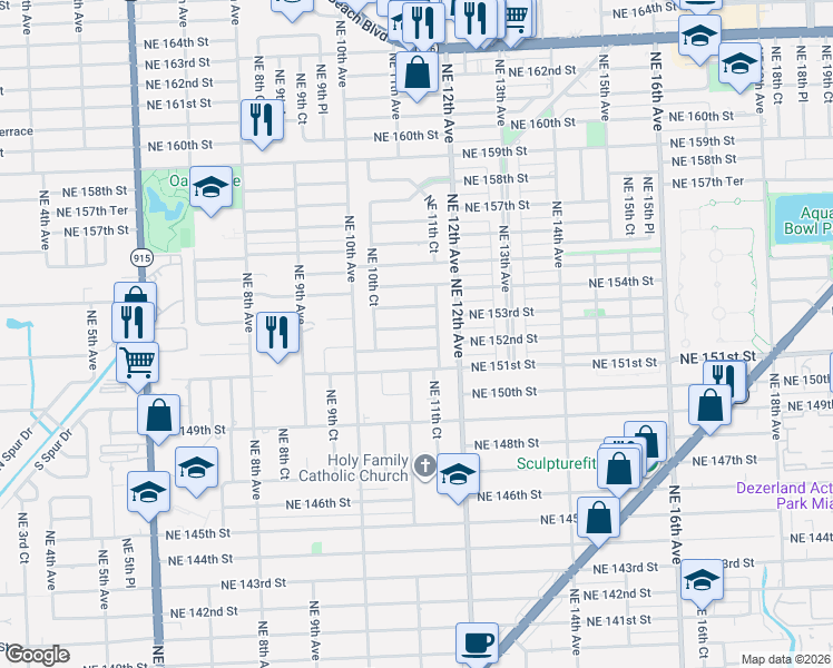 map of restaurants, bars, coffee shops, grocery stores, and more near 15220 Northeast 11th Court in North Miami Beach