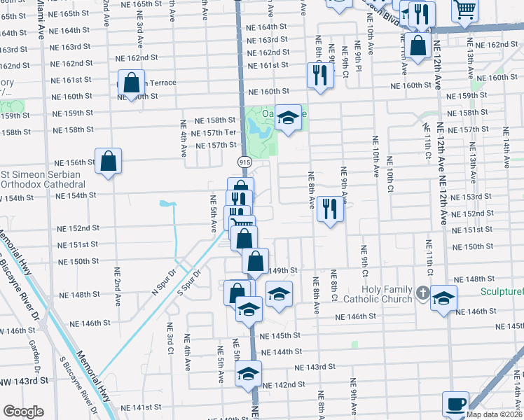 map of restaurants, bars, coffee shops, grocery stores, and more near 15225 Northeast 6th Avenue in Miami