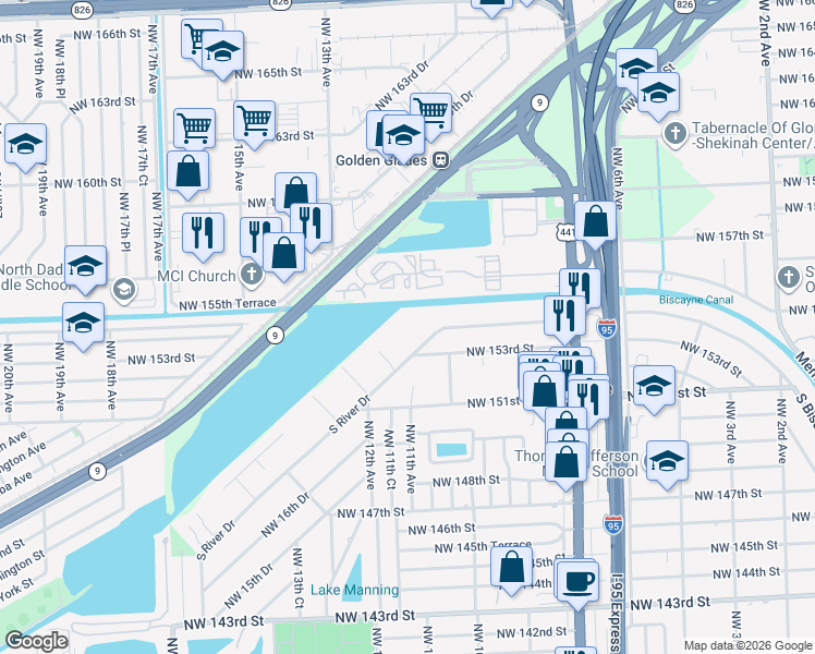 map of restaurants, bars, coffee shops, grocery stores, and more near 15340S South River Drive in Miami