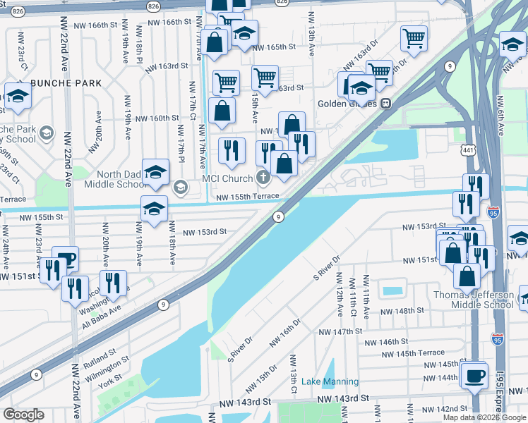 map of restaurants, bars, coffee shops, grocery stores, and more near 15441 Railroad Drive in Opa-locka