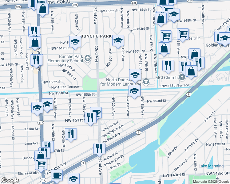 map of restaurants, bars, coffee shops, grocery stores, and more near 1969 Northwest 155th Street in Opa-locka