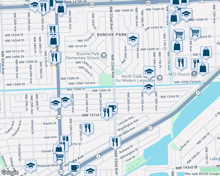map of restaurants, bars, coffee shops, grocery stores, and more near 2201 Northwest 155th Street in Opa-locka