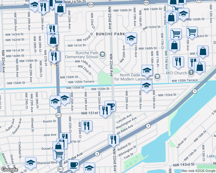 map of restaurants, bars, coffee shops, grocery stores, and more near 2201 Northwest 155th Street in Opa-locka