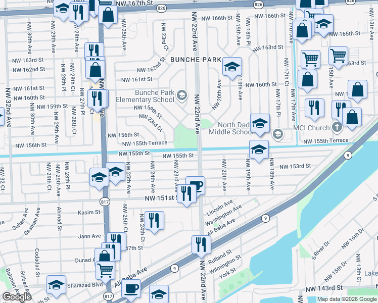 map of restaurants, bars, coffee shops, grocery stores, and more near 2201 Northwest 155th Street in Opa-locka
