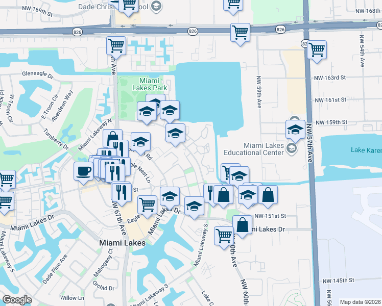 map of restaurants, bars, coffee shops, grocery stores, and more near 15509 Miami Lakeway North in Hialeah