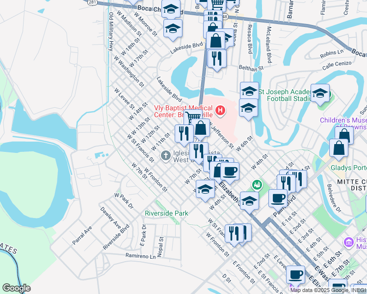 map of restaurants, bars, coffee shops, grocery stores, and more near 905 West Elizabeth Street in Brownsville