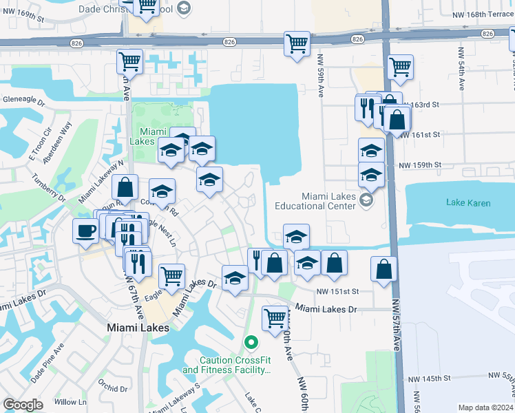 map of restaurants, bars, coffee shops, grocery stores, and more near 15495 Miami Lakeway North in Miami Lakes