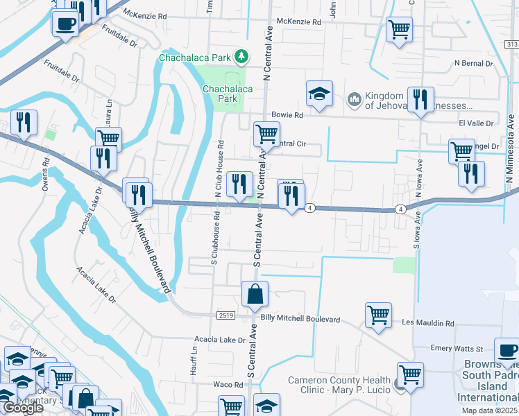 map of restaurants, bars, coffee shops, grocery stores, and more near 4 South Central Avenue in Brownsville