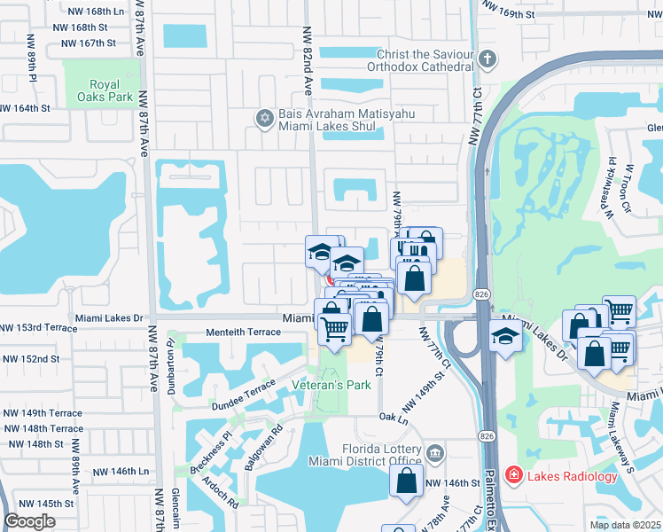 map of restaurants, bars, coffee shops, grocery stores, and more near 15633 Northwest 81st Court in Miami Lakes